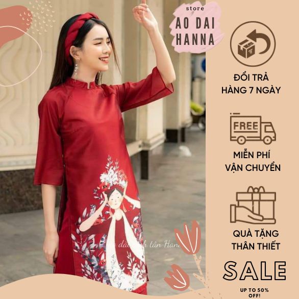 Áo dài cách tân nữ mặc tết hình cô gái cao cấp dáng suông vải voan tơ A02