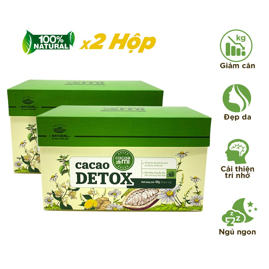 Combo 2 hộp ca cao thanh lọc cơ thể, thanh nhiệt, hỗ trợ giảm cân, giảm mỡ, đẹp da Cacao Detox CacaoMi 20gói/hộp