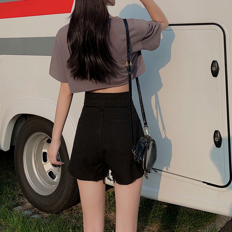 Quần Short Denim Lưng Cao Màu Đen Phong Cách Retro Hàn Quốc Thời Trang Cho Nữ