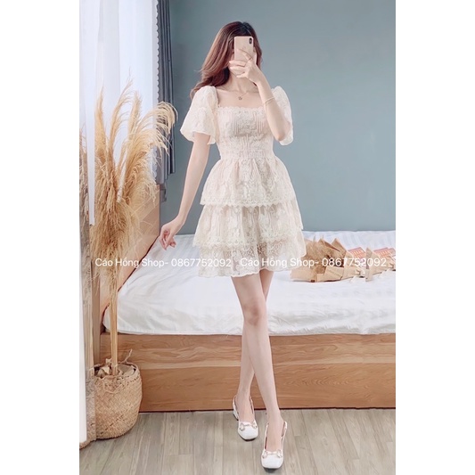 Váy ren 3 tầng tay bồng tiểu thư-Váy thiết kế- Váy ren cộc tay V20 (ảnh thật shop tự chụp)
