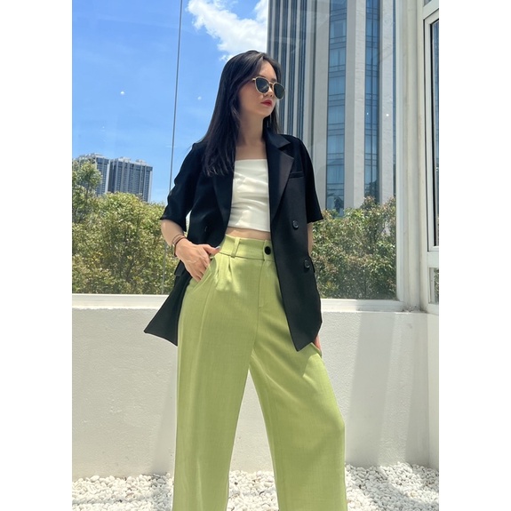 Áo khoác blazer nữ cộc tay dáng dài 4 khuy ngang hàng thiết kế Huien Design form Hàn Quốc thời trang thanh lịch | BigBuy360 - bigbuy360.vn