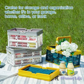 FL Collapsible Storage Shopping Basket Crates Stackable Crate bin Folding Storage Bins Baskets with Handles, Utility Container Organizer Bins for Kitchen Bathroom Grocery Car Trunk Books