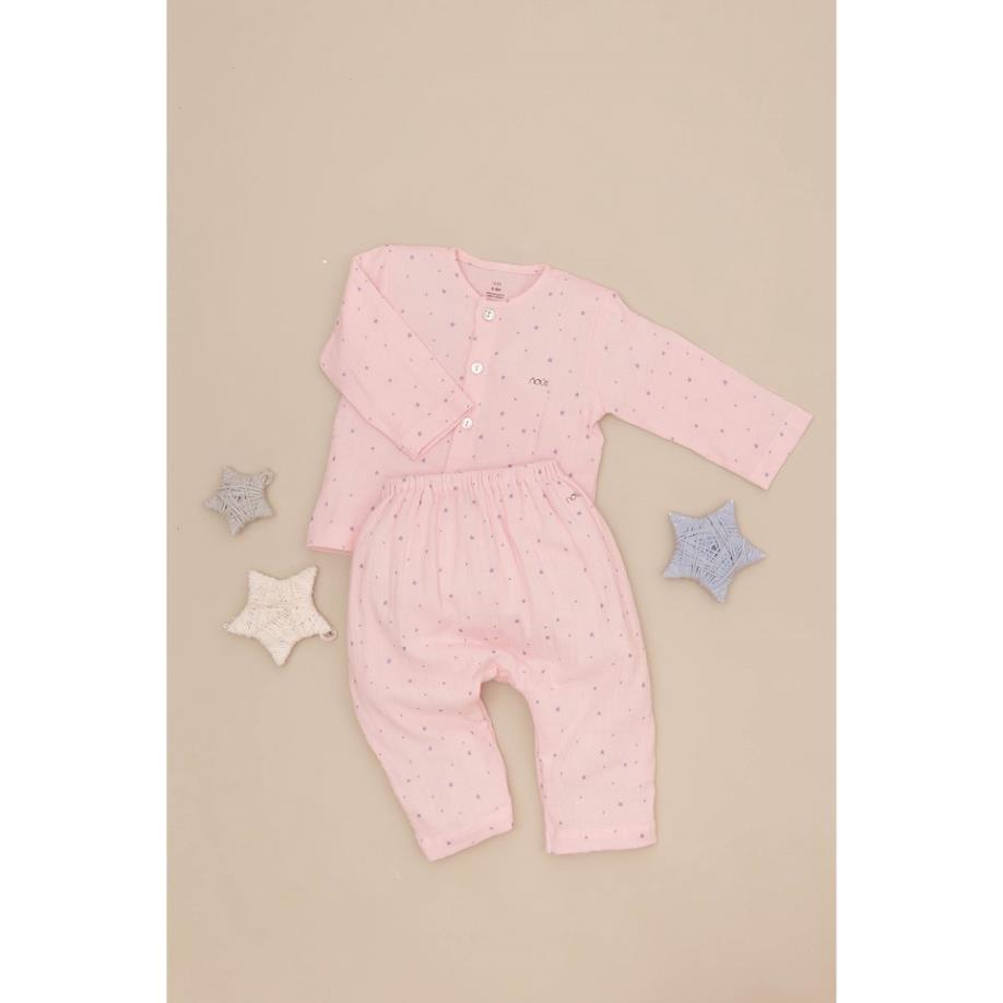 Bộ Quần Áo Dài Cài Thẳng Cao Cấp Nous - Chất Liệu Xô Hoạ Tiết Sao Hồng Bé Gái Size 3-12M
