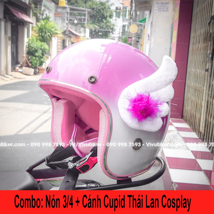 [Có VIDEO] Combo mũ bảo hiểm 3/4 hồng pha trắng kèm Cánh thiên thần Cupid FungFing Thái Lan siêu cute - Có bán rời Cupid