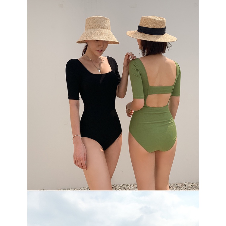 Bikini, Đồ bơi nữ liền thân cộc tay kín đáo cổ vuông độc đáo siêu đẹp mặc đi biển đi bơi