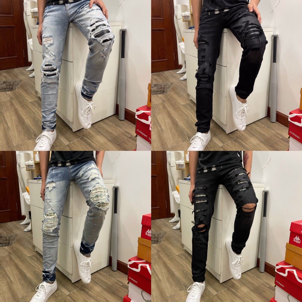 Quần bò côn nam amiiri 2 màu xanh và đen vá da nhăn mẫu mới cực đẹp