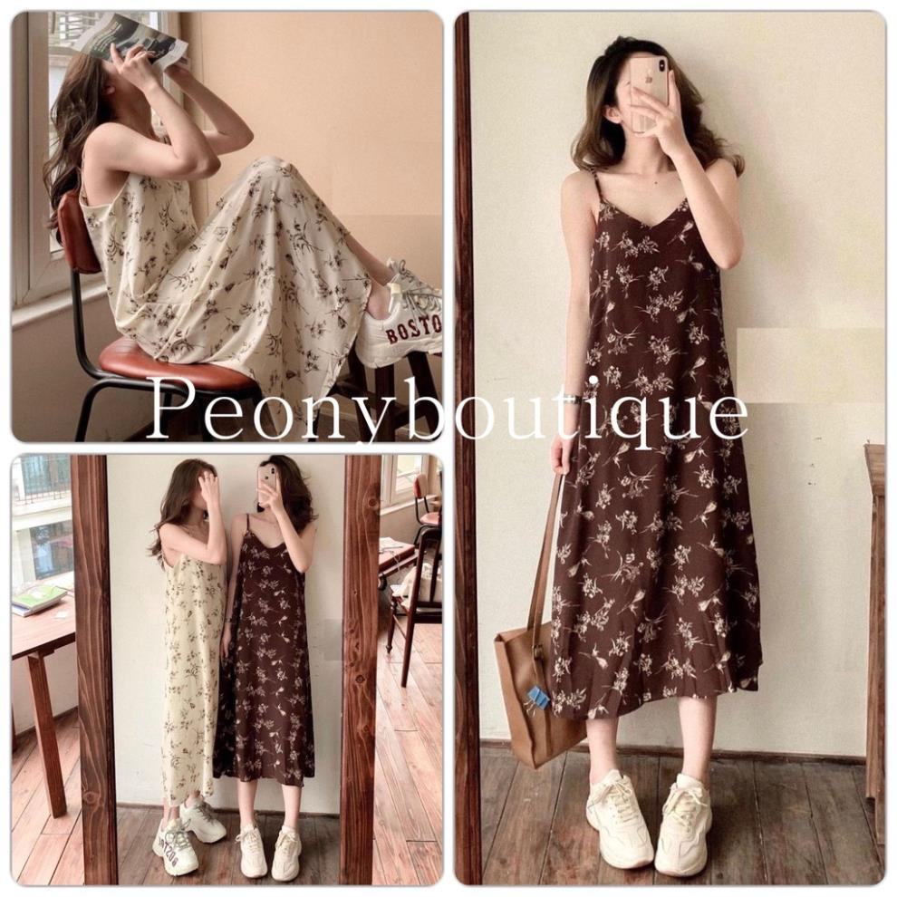 Váy 2 Dây Hoa Nhí Nâu PEONYB Nữ [FREESHIP] 🌸 Đầm midi 2s cổ V vintage, dáng suông mặc đi biển mùa hè Ulzzang HOT 🌸  ྇