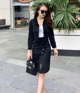 Set áo khoác + chân váy da lộn