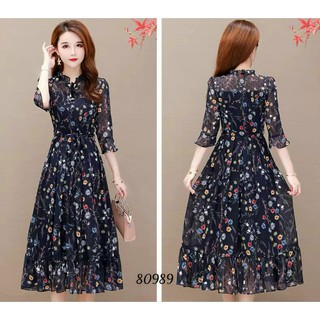 ĐẦM LỤA HOA 2 LỚP DÂY THẮT EO