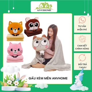 Bộ chăn gối văn phòng gấu bông có mền hình Mèo dễ thương 3 trong 1 (gối chăn ủ tay) ANVIHOME