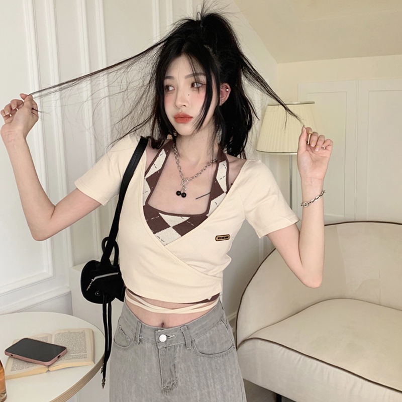 COZOK Set Áo Croptop Cổ Chữ V + Áo Hai Dây Kẻ Sọc Ca Rô Thời Trang