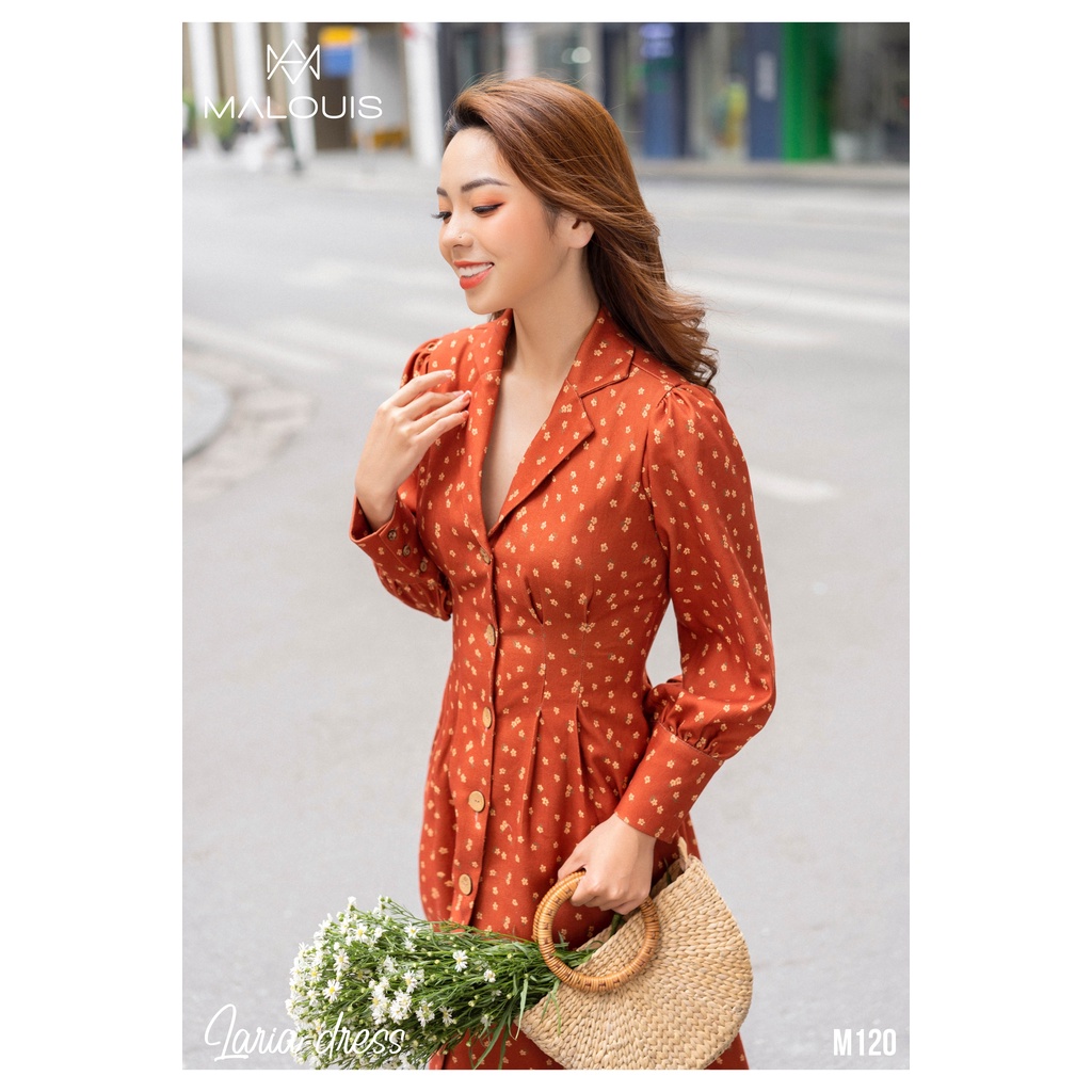 Váy cổ vest hoa nhí tay dài kiểu vintage - M120