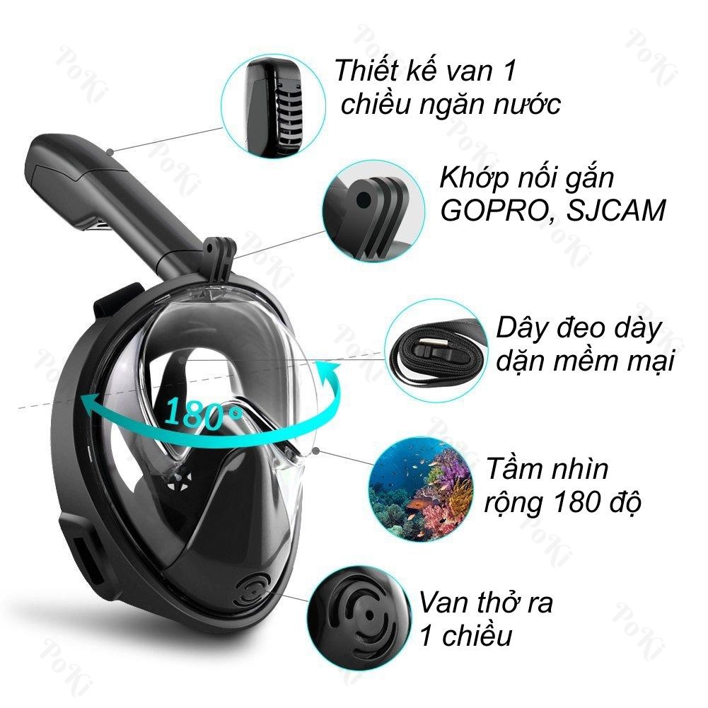 Mặt nạ lặn Full Face Blue, kính lặn ống thở gắn được GOPRO, SJCAM tầm nhìn 180 độ cao cấp - POKI