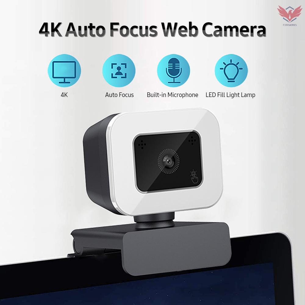 Webcam 4K tự động lấy nét trên không cần trình điều khiển có mic giảm tiếng ồn tích hợp đèn led cho quay video