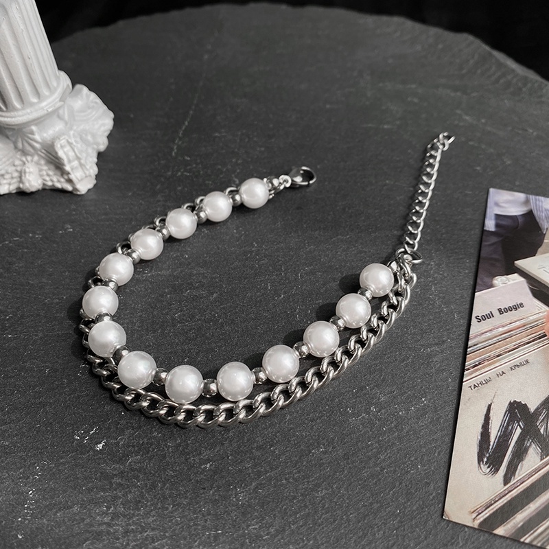 Vòng Tay Hai Lớp Bằng Thép Titanium Đính Hạt Ngọc Trai Phong Cách Hip hop Đơn Giản