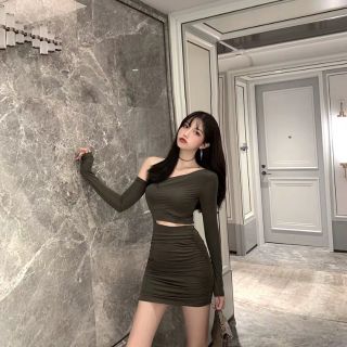 Váy thun body khoét eo lệch vai hàn quốc (sẵn)