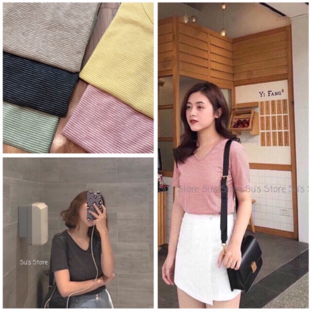 Áo thun cổ tim kẻ nhỏ nhiều màu - ảnh video thật