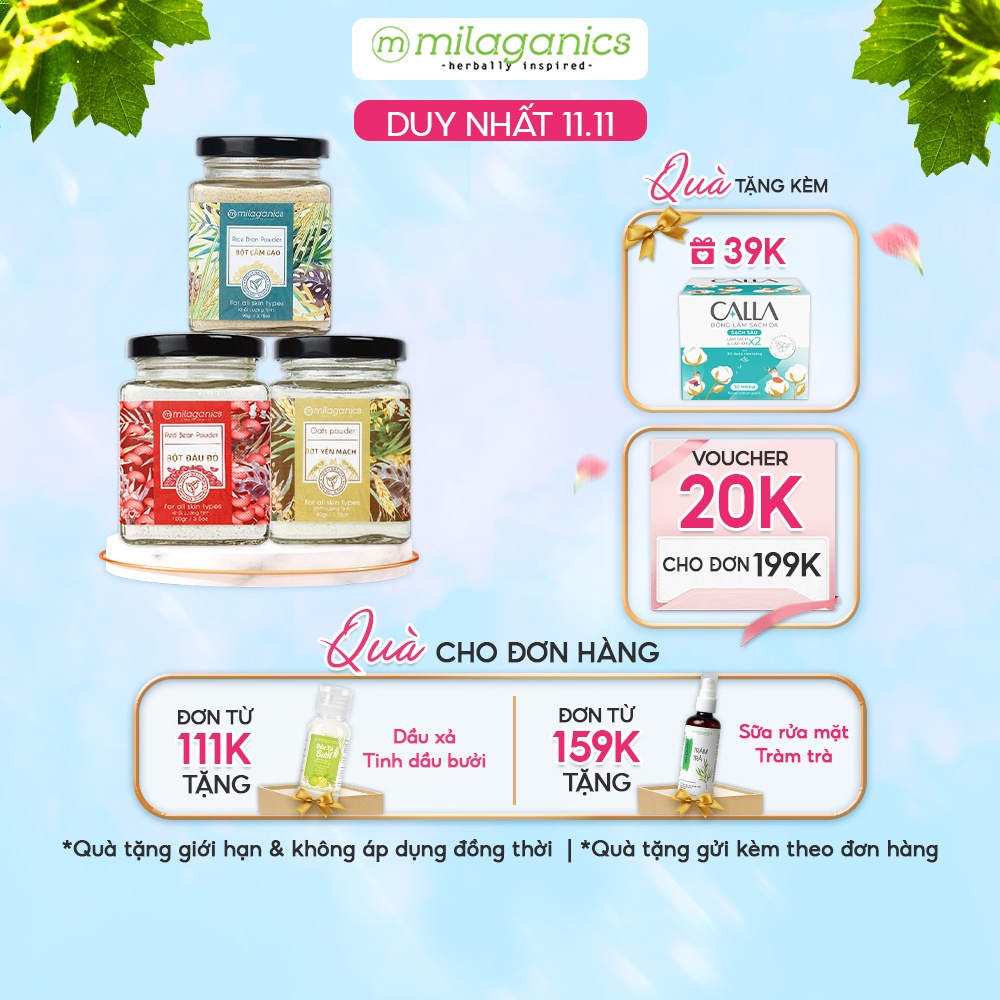 Combo 3 Hũ bột MILAGANICS dưỡng da: Cám Gạo (90g) + Yến Mạch (90g) + Đậu Đỏ (100g)