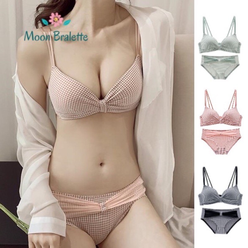 [Cả Bộ Bộ Đồ Lót Nhún Nơ Phối Kẻ Không Gọng Siêu Xinh