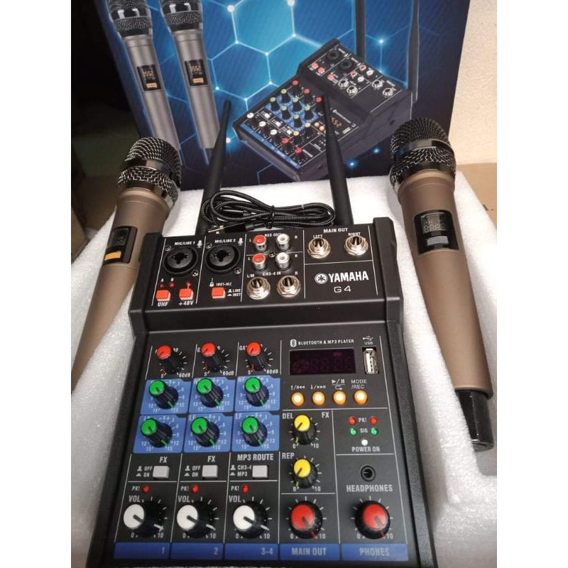Suondcard Mixer G4 live stream bluetooth màn hình LED có 2 mic không dây tiện cho loa kéo và các loa khác