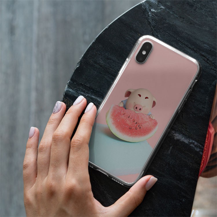 Ốp lưng cute heo con ăn dưa Iphone 7/7Plus/8/8Plus/X/Xs/Xs Max/11/11 Promax/12/12 Promax PIG20210132