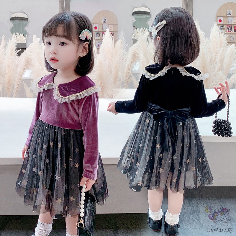 Đầm Tay Dài Phối Lưới Phong Cách Hàn Quốc Cho Bé Gái