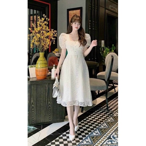 Đầm midi trắng ren hoa nổi nút cườm ✨Lotus Shop✨