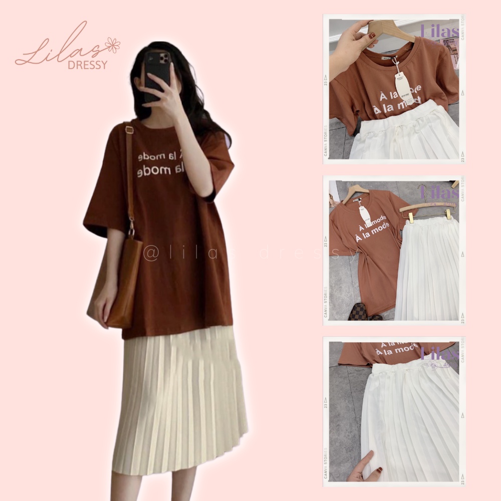 Set Váy Xếp Ly Mix Áo Thun Form Rộng