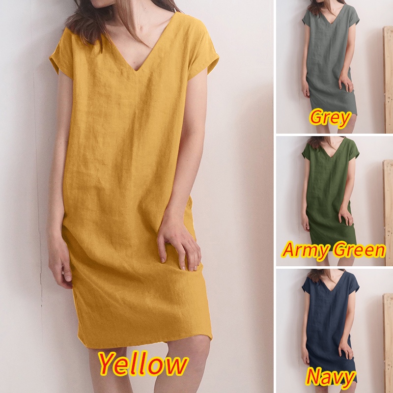 Đầm midi ZANZEA cotton ngắn tay cổ chữ V thời trang cho nữ