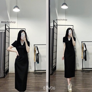 Váy midi polo viền trắng màu đen - 87V06