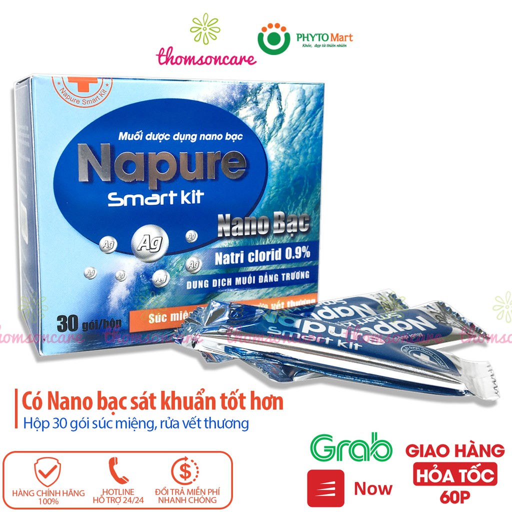 Gói muối biển xúc miệng họng Napure - Hộp 30 gói có chứa Nano bạc, rửa vết thương, rửa mũi xoang