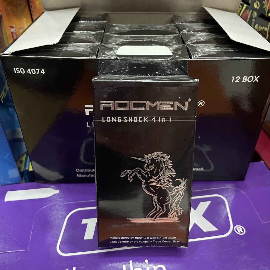 Bộ 3 Bao Cao Su Hộp Rocmen Đen 4in1 Gân Gai Kéo Dài Thời Gian 36 BCS