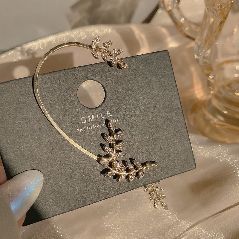 Khuyên kẹp tai hình chiếc lá đính đá thời trang thanh lịch cho nữ