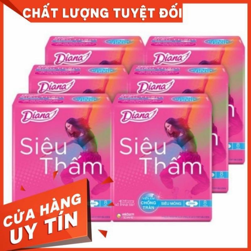 BỘ 6 GÓI BĂNG VỆ SINH DIANA SIÊU MỎNG-CÓ CÁNH-SIÊU THẤM-KHỬ MÙI GÓI 8 MIẾNG