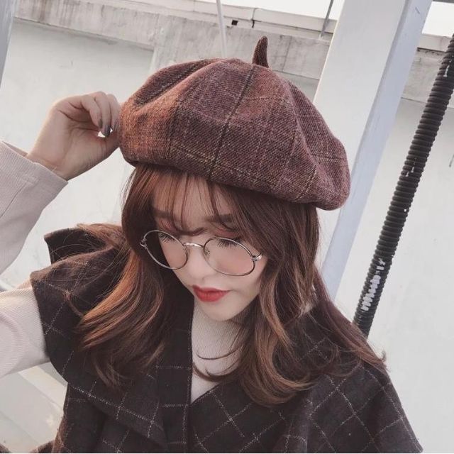 Mũ nồi kẻ caro trẻ trung có dây rút điều chỉnh (mũ nồi beret)