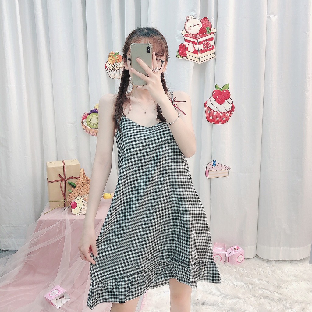 Đầm ngủ 2 dây kro 2 dây họa tiết caro 4 màu - Chất liệu siêu nhẹ cực mát ( khoen kro ) VD-04