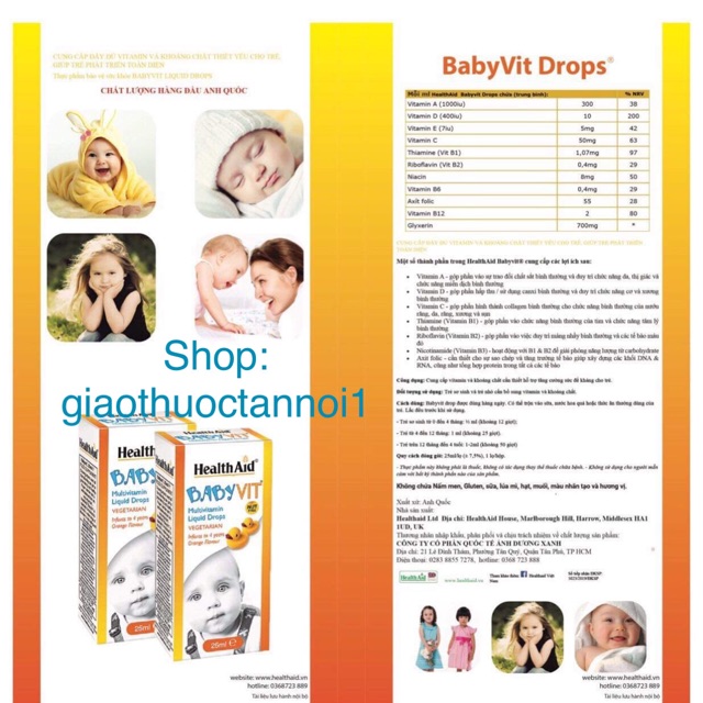 HealthAid Baby Vit - Hương vị cam (cung cấp vitamin A,D,C,E,B1,B2,B6,B12,Niacin,Folic Acid...)(sx:ANH)