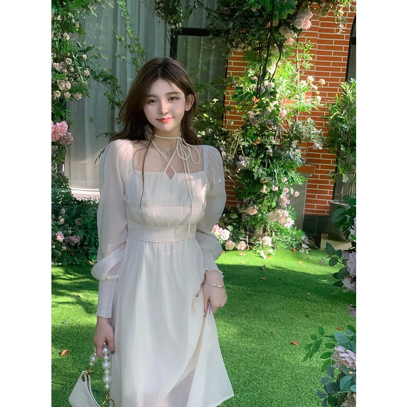 Jane Đầm tiểu thư nhẹ nhàng tay phồng cổ dây yếm cổ tích C274