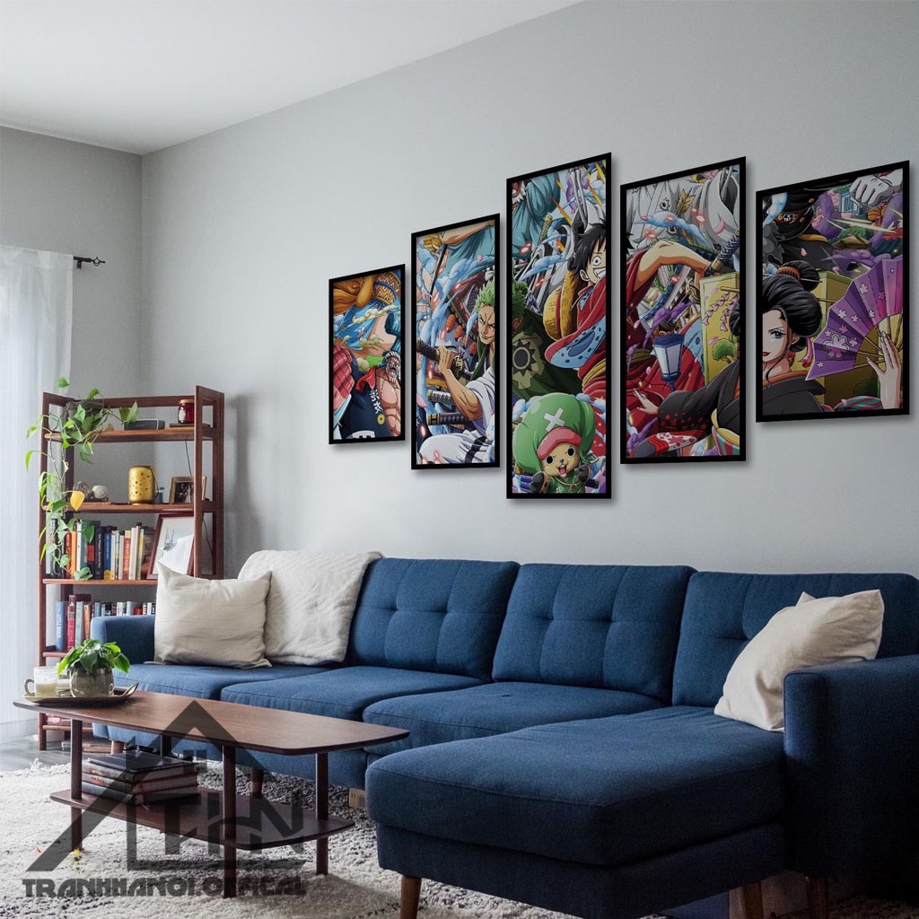 Bộ 5 bức tranh Onepice tráng gương tặng kèm đinh treo tường phòng khách/ phòng ngủ/ phòng game/ quà tặng tân gia