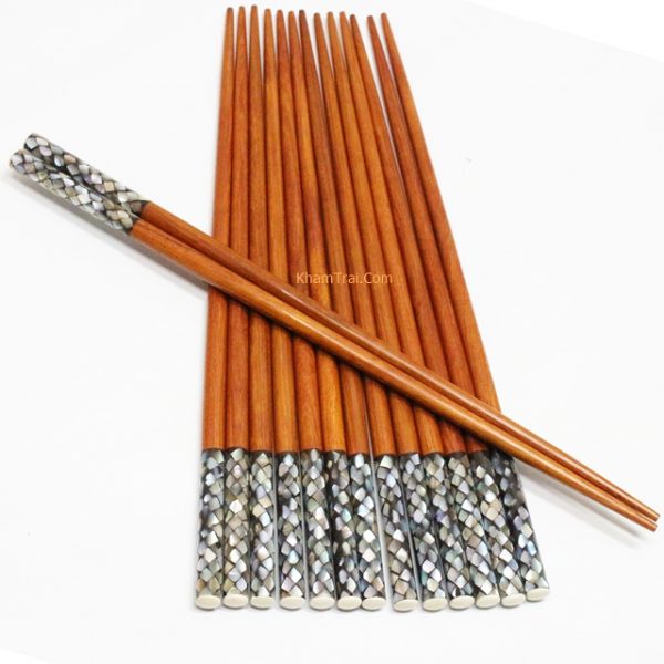 Đũa Gỗ Trắc Cao Cấp Đầu Khảm Trai - Chống Mốc, Tự Nhiên Không Chất Bảo Quản Vỉ 10 Đôi