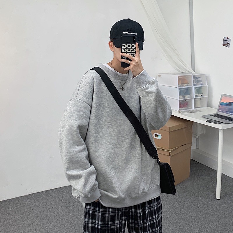 Áo Hoodie , Áo Nỉ Dài Tay Cổ Tròn - Sweater Trơn Suông Form Rộng Nam Nữ Phong Cách Trẻ Trung Đường Phố