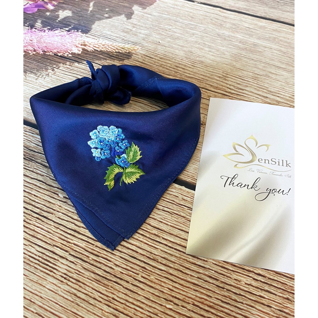 Khăn Tay Lụa SenSilk Thêu Hoa Cẩm Tú Cầu - 100% Silk Made in Vietnam
