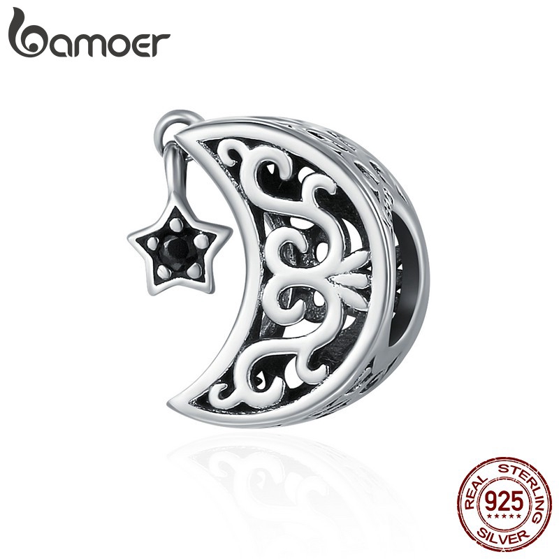 Hạt trang sức Bamoer bằng bạc 925 họa tiết mặt trăng và ngôi sao dùng làm vòng đeo tay