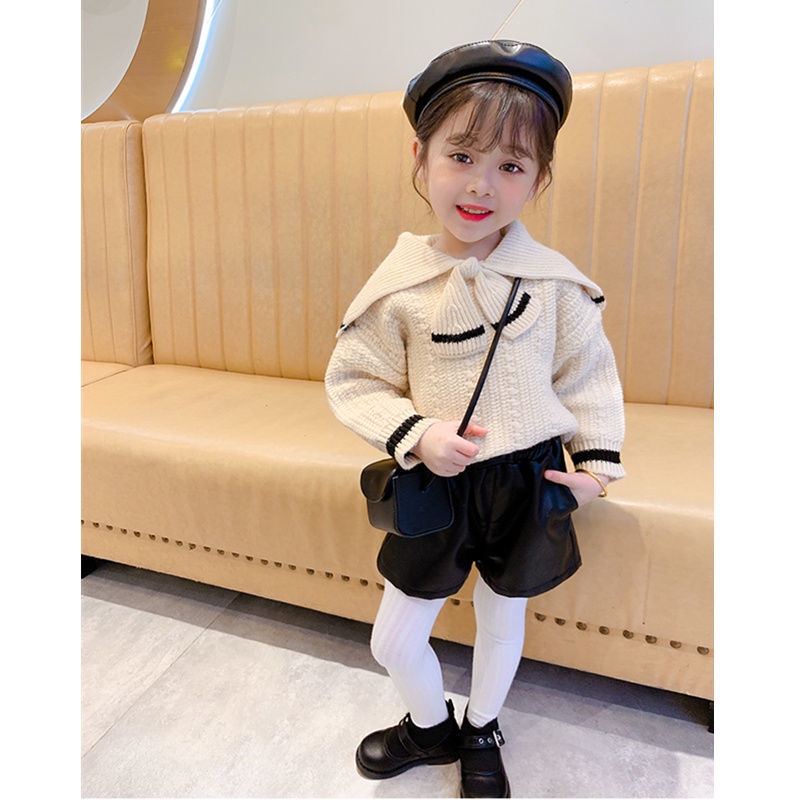 Áo dệt kim cổ bẻ màu tương phản phong cách phương tây thời trang thu đông 2021 cho bé gái