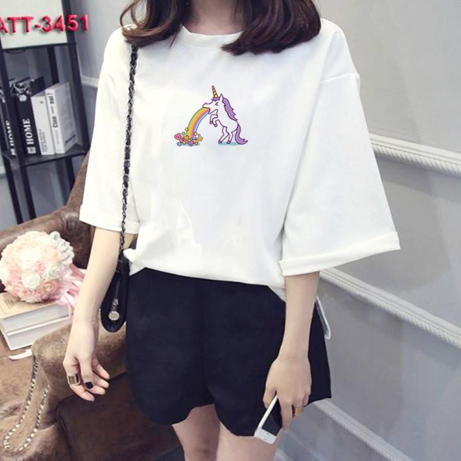 Áo thun nữ tay lỡ Hàn Quốc form rộng in hình ngựa thổi 7 sắc cầu vồng vài dày mịn TEEWOTL30