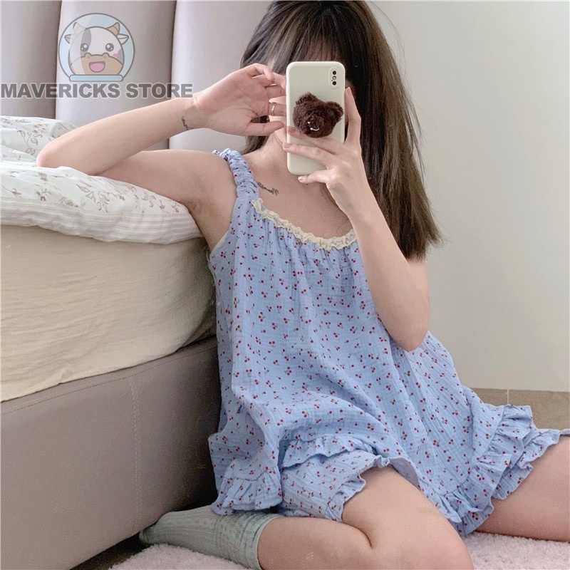 Bộ Đồ Ngủ Hai Dây Họa Tiết Quả cherry Dễ Thương Cho Nữ
