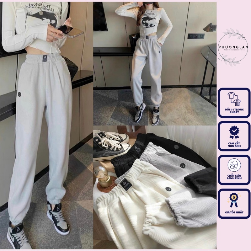 Quần jogger 🌸 Quần dài thu đông thêu mặt cười chốt gấu chất gân tăm dành cho nữ PHULA style Hàn Quốc Ulzzang