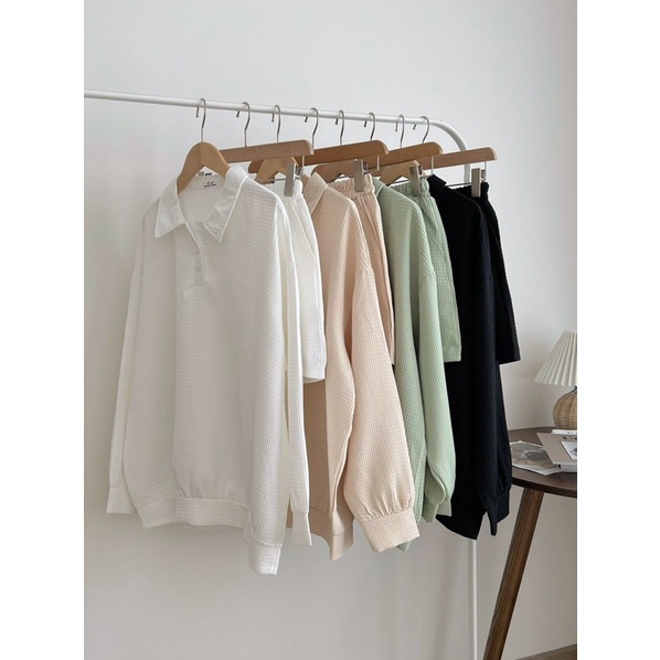 [Ảnh thật/Video] Set áo nỉ TRƠN CỔ POLO phong cách Ulzzang tay bồng kèm quần dày dặn Set bộ Hàn Quốc