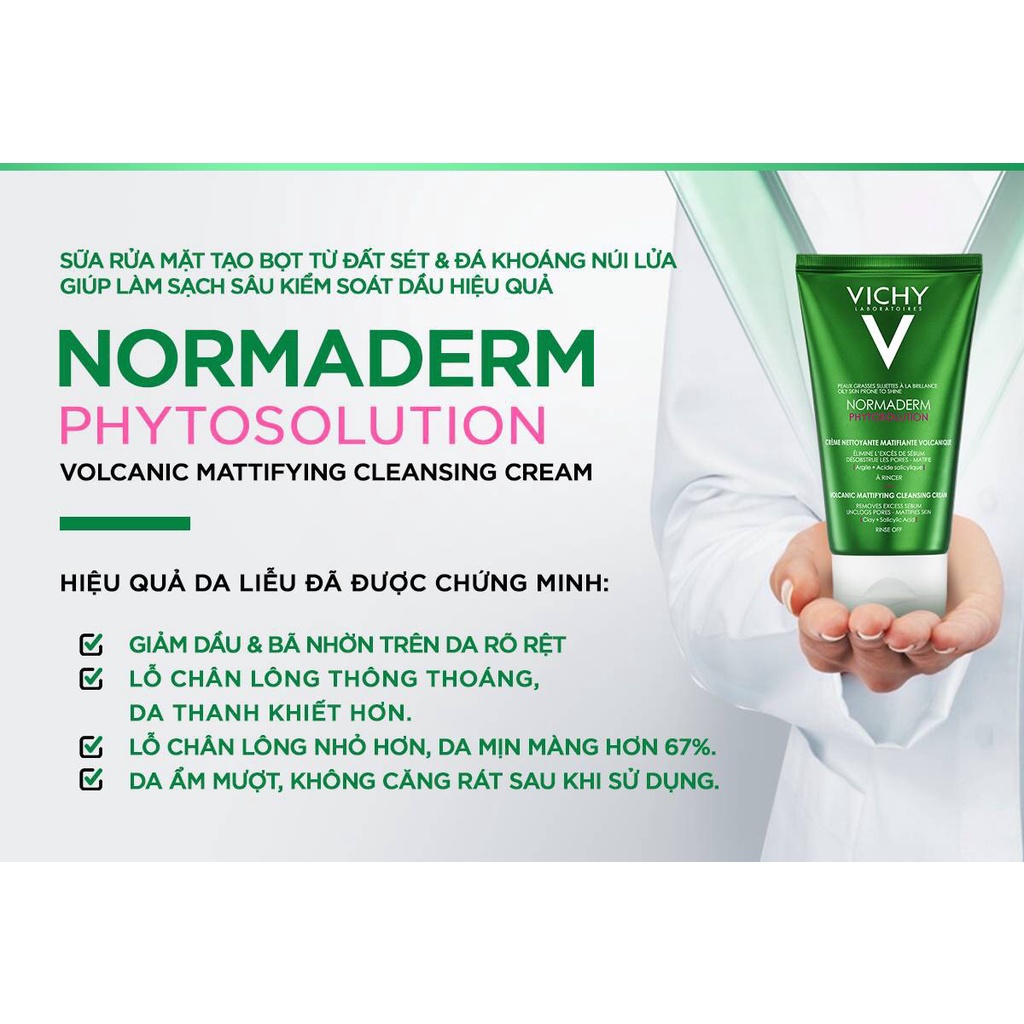 Sữa rửa mặt bùn khoáng tạo bọt Vichy làm sạch sâu kiểm soát dầu Normaderm Phytosolution Volcanic 125ml