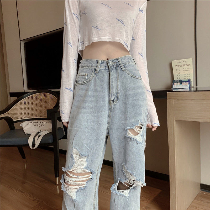 Quần dài jeans lưng cao ống rộng rách gối thời trang dành cho nữ